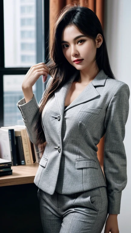 (Best quality, 8k, 32k, Masterpiece, UHD:1.2), 1girl, detailed skin, detailed eyes, narrow waist, grey suit, white shirt, office lady, suit, pants, from front, sitting on desk, office room, desk,  (stick out one's buttocks:1.2), detailed face, 