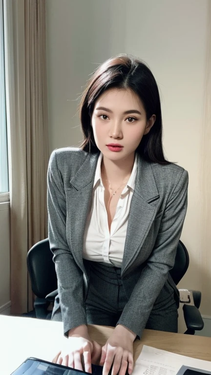 (Best quality, 8k, 32k, Masterpiece, UHD:1.2), 1girl, detailed skin, detailed eyes, narrow waist, grey suit, white shirt, office lady, suit, pants, from front, sitting on desk, office room, desk,  (stick out one's buttocks:1.2), detailed face, 