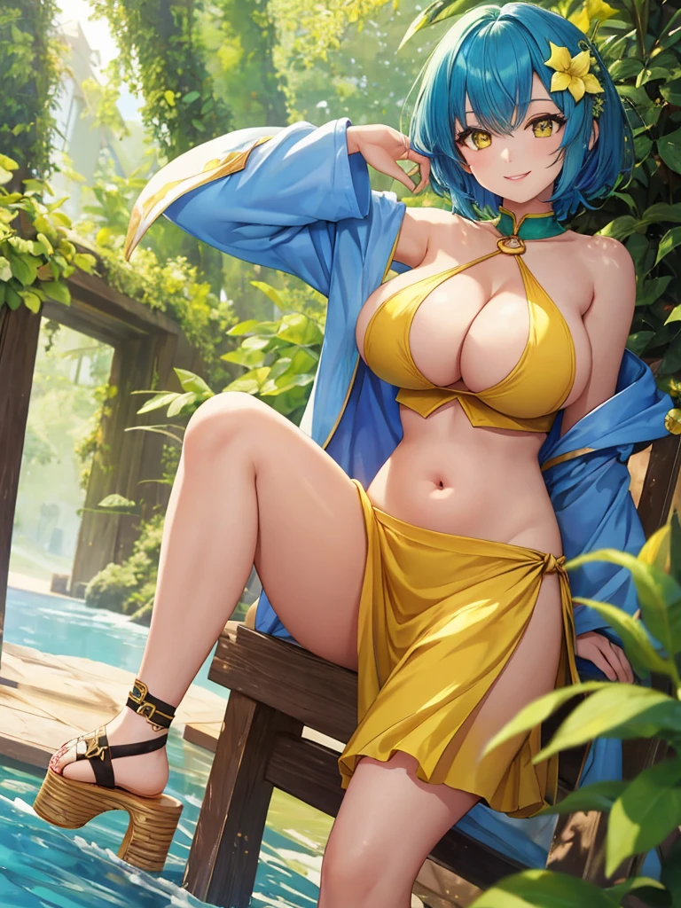 (masterpiece, highest quality),Also:zero, 1 girl(blue hair, short hair, bangs, Green and yellow eyes) , hair between eyes, hair flower, side lock, cleavage cutout, side boob, looking at the viewer, dynamic pose, smile,happiness, Super detailed, super beautiful girl,(Palazzo pants, Match with crop top, platform sandals),(big breasts),(shoulder),(belly button),big and bright eyes,Front view,smile,