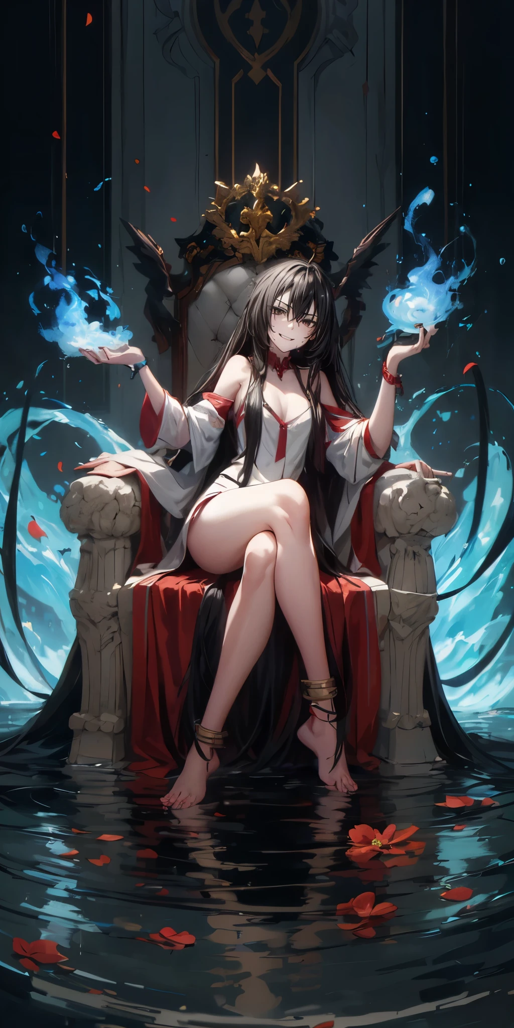 KirukiruAmou, (black hair, long hair, black eyes:1.4), hair ornament, breasts, jewelry, 1girl, black_hair, long_hair, solo, anklet, sitting, cleavage, detached_sleeves, barefoot, bare_shoulders, bracelet, water, large_breasts, looking_at_viewer, smile, dress, hair_ornament, magic, fire, flower, very_long_hair, full_body, mole, wide_sleeves, bangs, feet, medium_breasts, thighs, petals, crossed_legs
