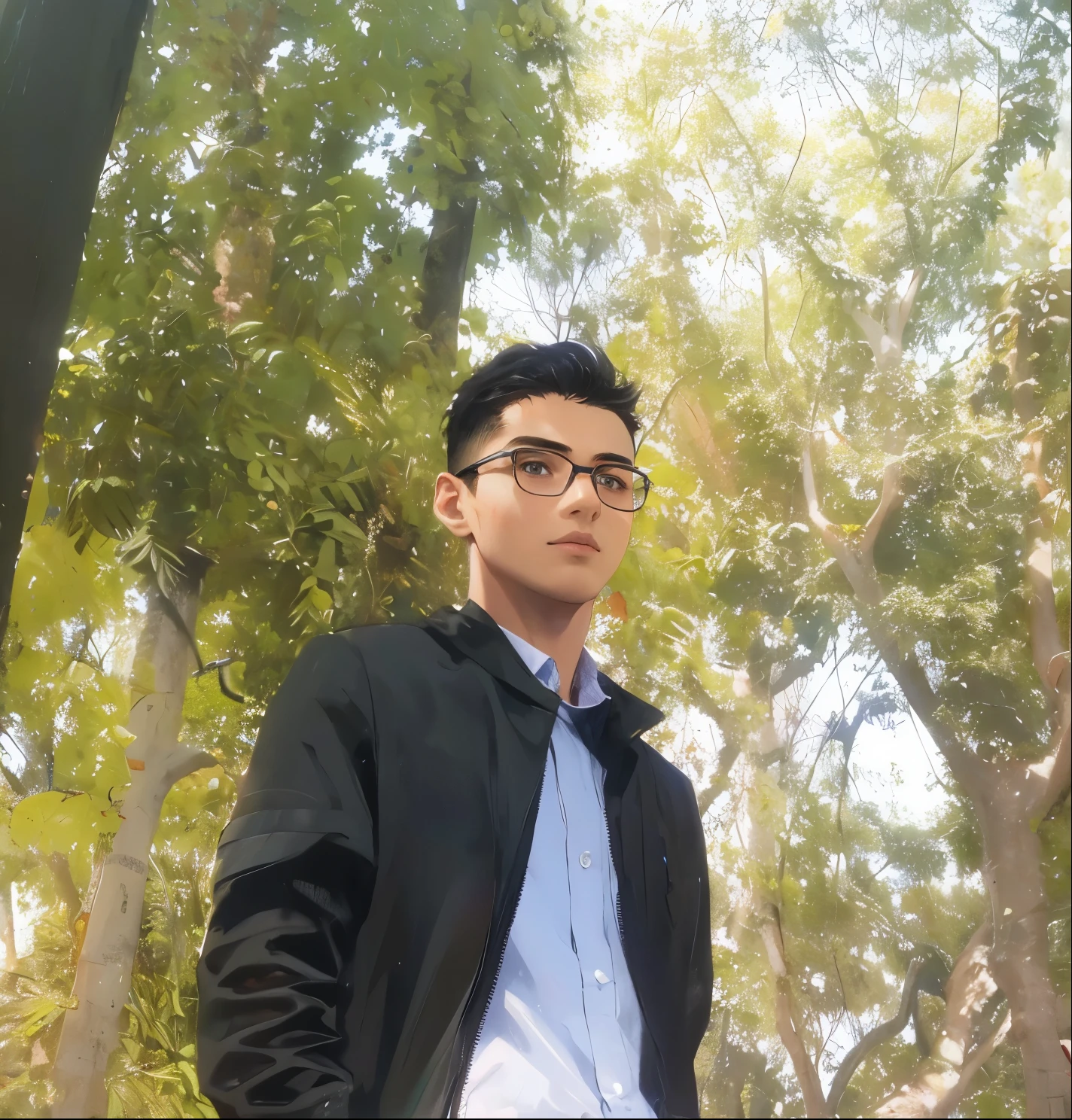 (absurdres, highres, ultra detailed), masterpiece, 1boy, solo. handsome. short hair, black hair, brown eye, finely eye, detailed face, shirt. walking on street, backpack, from below