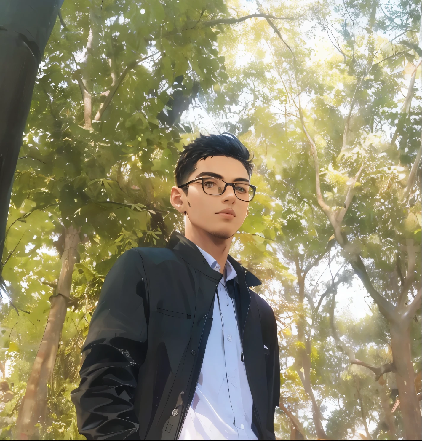 (absurdres, highres, ultra detailed), masterpiece, 1boy, solo. handsome. short hair, black hair, brown eye, finely eye, detailed face, shirt. walking on street, backpack, from below
