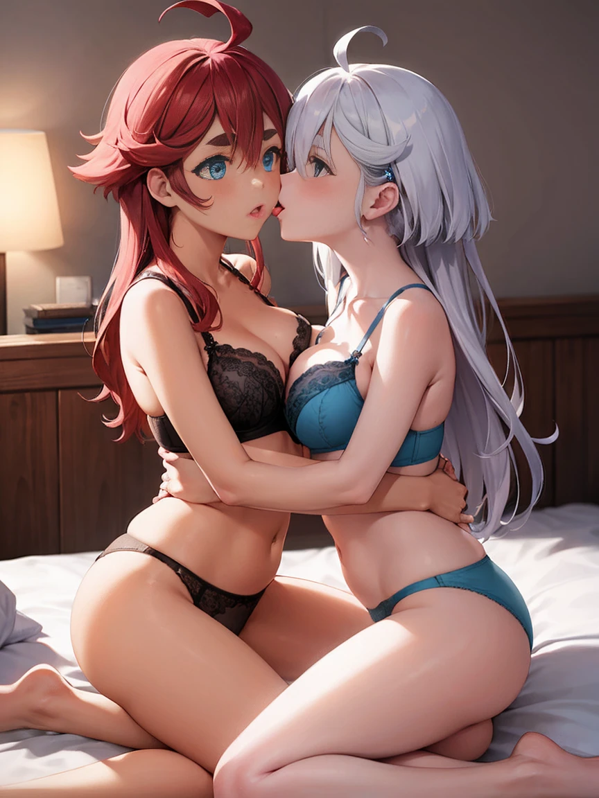 (masterpiece),(highest quality:1.1),(super detailed),best illustrations, (1 girl:1.3)、(Two women kissing)、(stick your tongue out)、(touch each other's tongues),Looking at each other、Thretta Mail、tall、((cute bra、cute panties))、((redhead、Ahoge、blue eyes))、Mioline Remblanc, Asticasia , alone, long hair, gray eyes, gray hair, Ahoge, bangs, hair between eyes, adult bra、Adult Panties、(lily、lesbian、Hugging each other)、(((I'm kissing)))、Bedroom、Bed
