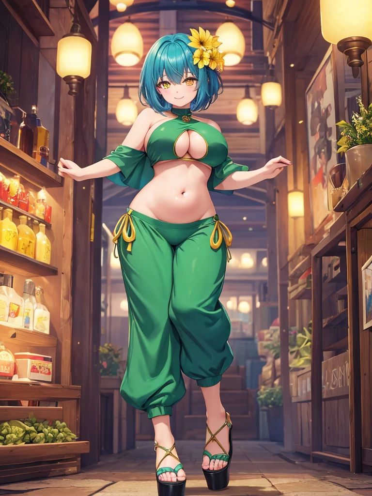 (masterpiece, highest quality),Also:zero, 1 girl(blue hair, short hair, bangs, Green and yellow eyes) , hair between eyes, hair flower, side lock, cleavage cutout, side boob, looking at the viewer, dynamic pose, smile,happiness, Super detailed, super beautiful girl，（Palazzo pants, Match with crop top, platform sandals），（big breasts),(shoulder)，(belly button),big and bright eyes，Front view,smile,