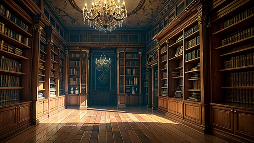 （（（masterpiece、Highest image quality、highest quality、highly detailed unity 8ｋwallpaper）））、（（（fantasy、grand library）））、（Lined bookshelves）、three-dimensional structure、chandelier、a little light shining through