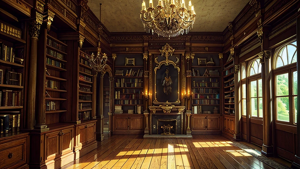 （（（masterpiece、Highest image quality、highest quality、highly detailed unity 8ｋwallpaper）））、（（（fantasy、grand library）））、（Lined bookshelves）、three-dimensional structure、chandelier、a little light shining through