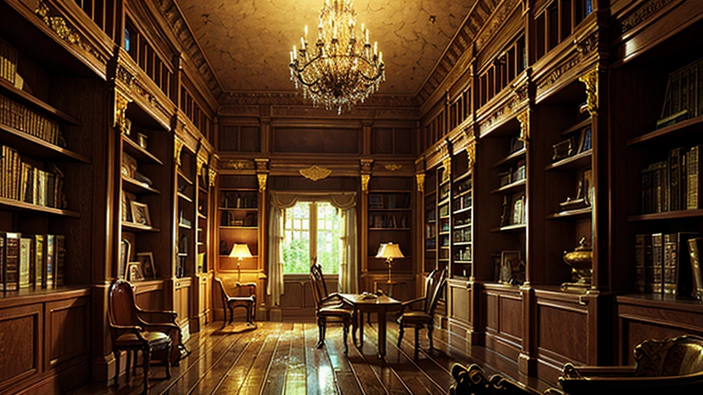 （（（masterpiece、Highest image quality、highest quality、highly detailed unity 8ｋwallpaper）））、（（（fantasy、grand library）））、（Lined bookshelves）、three-dimensional structure、chandelier、a little light shining through