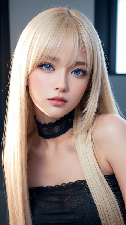 unparalleled beauty, Glossy firm and shiny skin, bangs between the eyes, Glossy Straight Beautiful Platinum Blonde, Super Long Straight Silky Hair, eyeliner, yで美しい無邪気な20歳, High Definition Big Big Beautiful Bright Blue Eyes, beautiful and nice girl, ((huge ))、((eroxy、ultrigh resolution、the lighting is bright、Precise hands without any discomfort))、