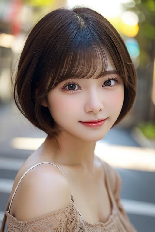 Echiechi, Constricted body, Rumor, adult woman, 30 generations, beautiful detailed eyes, short bob hair, best quality, masterpiece, Layer Bob Hair, Moist eyes, Pixie Cut, Awesome pose, long eyes, brown eyes, brown eyes, smile, smiling, real, glossy lips, Chubby lips, Japanese, natural makeup, Kaede Fua, small ass, slender face, professional lighting, cowboy shot,  8 heads and bodies, selfie, Menes, baby doll, 