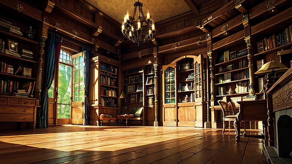 (((masterpiece、Highest image quality、highest quality、highly detailed unity 8kwallpaper)))、(((fantasy、grand library)))、(Lined bookshelves)、three-dimensional structure、high ceilings、a little light shining through