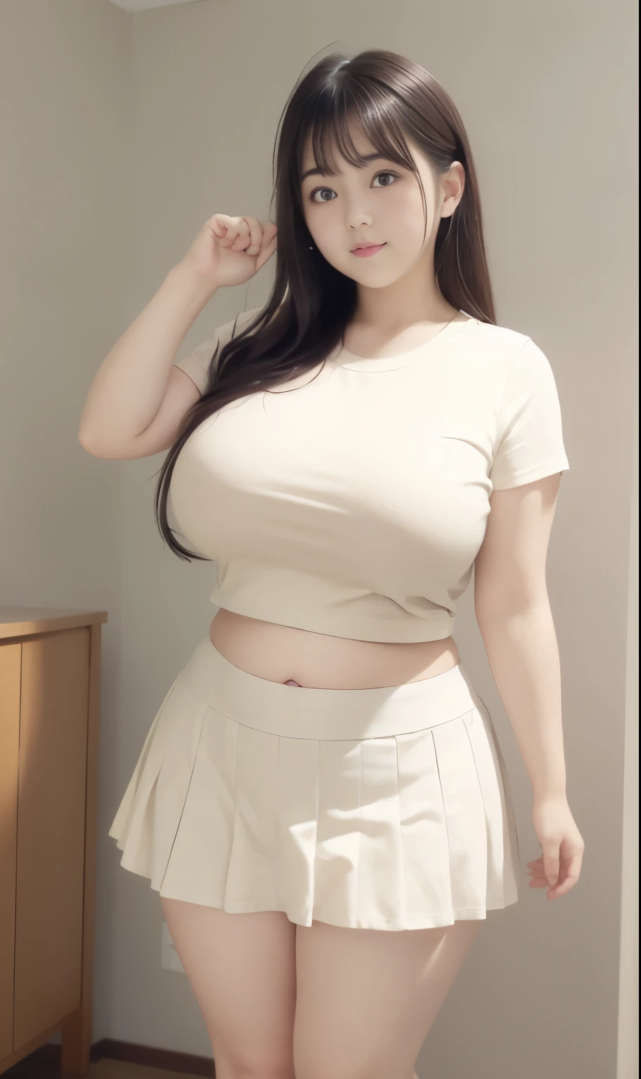 Girl wearing t-shirt and cream thight skirt, bbwchan, chubby arm, chubby cheeks, huge breasts, chubby hips, chubby belly, chubby thighs, full body pose, asian girl, korean girl, nene tanaka body, marina shiraishi body. Beautiful girl, dark room, empty room
