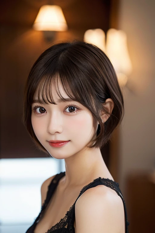 Echiechi, Constricted body, Rumor, adult woman, 30 generations, beautiful detailed eyes, short bob hair, best quality, masterpiece, Layer Bob Hair, Moist eyes, Pixie Cut, Awesome pose, long eyes, brown eyes, brown eyes, smile, smiling, real, glossy lips, Chubby lips, Japanese, natural makeup, Kaede Fua, small ass, slender face, professional lighting, cowboy shot,  8 heads and bodies, Menes, baby doll, 
