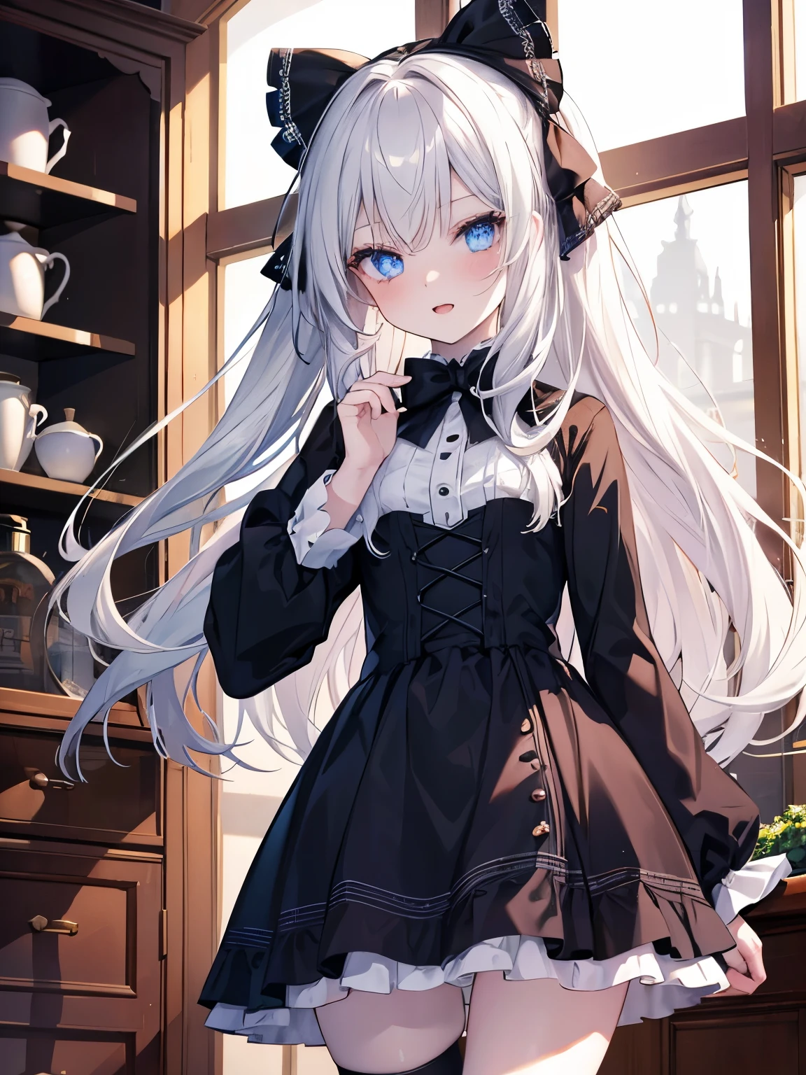 Anime girl with long white hair and blue eyes in a black dress - SeaArt AI