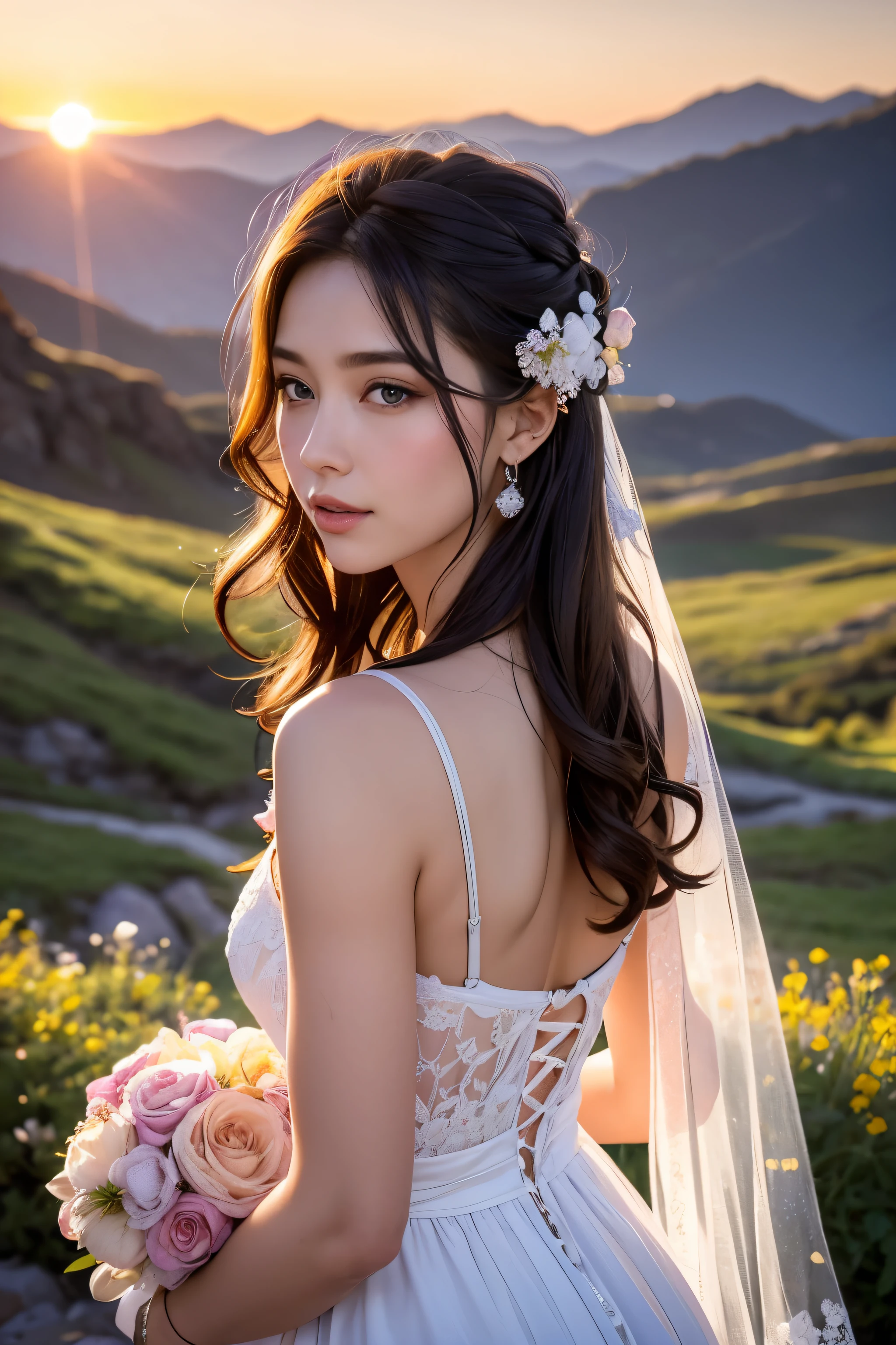 A beautiful woman stood atop a rocky outcropping, Her hair was swept up in loose curls that tumbled down her back, a subtle hint of makeup accentuated her high cheekbones, full lips, and flawless complexion. As she turned to face the camera, a soft smile played at the corners of her mouth, framing her delicate features and piercing blue eyes overlooking a breathtaking valley below. She wore a flowing wedding dress that billowed gently in the breeze ,the lace was delicately embroidered with tiny flowers and vines, while the hem was adorned with sparkling crystals that caught the light and glimmered like stars. In the foreground, a bed of wildflowers added a pop of color to the scene, with vibrant hues of pink, purple, and yellow. Bees buzzed lazily from blossom to blossom, collecting nectar in the golden light of the setting sun. The sun was setting behind the mountains, casting a warm orange glow across the vast landscape.