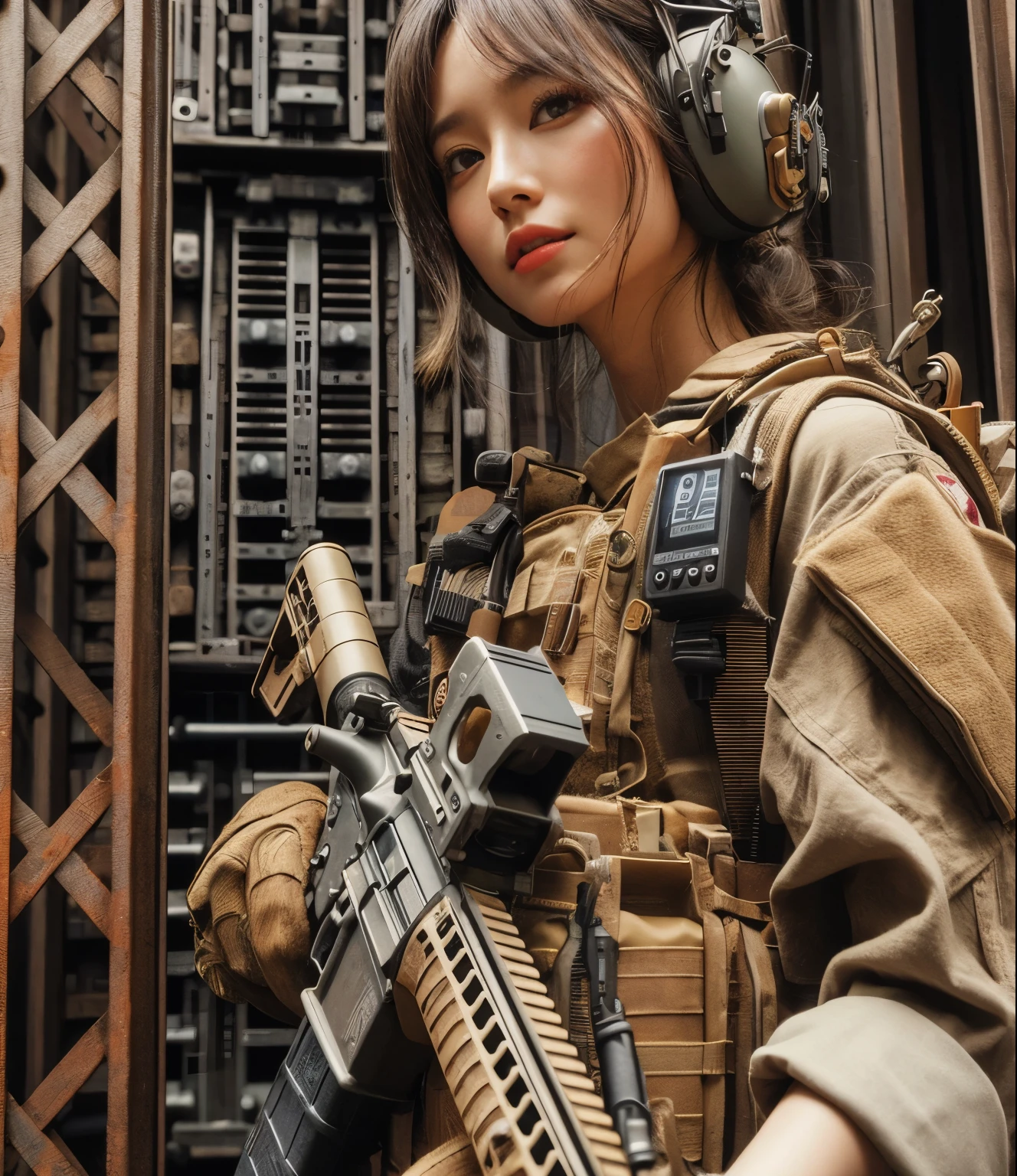 photorealistic、realistic skin texture、automatic rifle、Woodlands