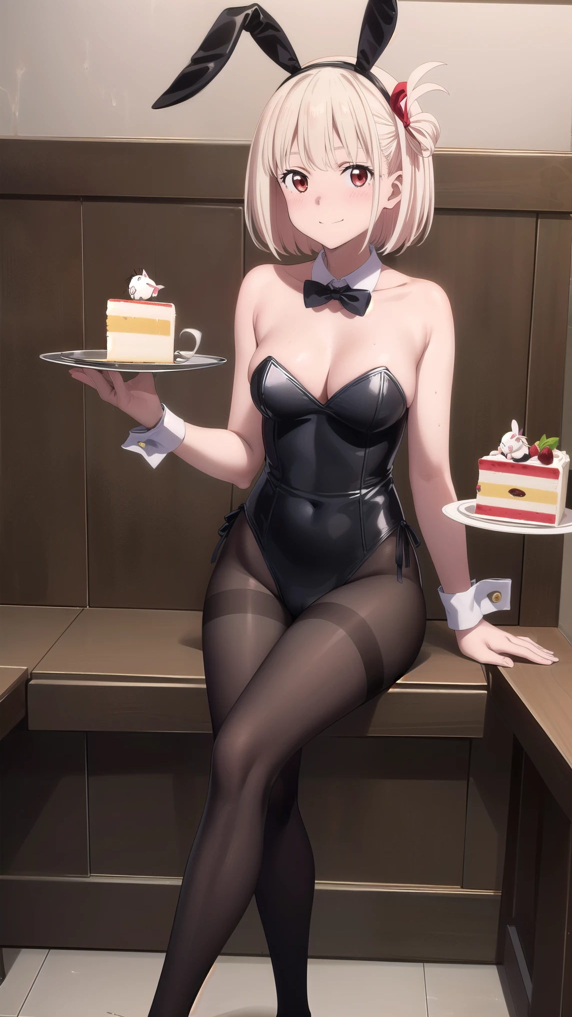 masterpiece, best quality, solo, 1girl, chisato nishikigi, looking at viewer, light smile, closed mouth, blush, embarrassed, medium breasts, playboy bunny, rabbit ears, black pantyhose, red bowtie, wrist cuffs, black leotard, holding tray, cake, cafe, coffee, sitting on sofa, crossed legs, cafe shop, full body
