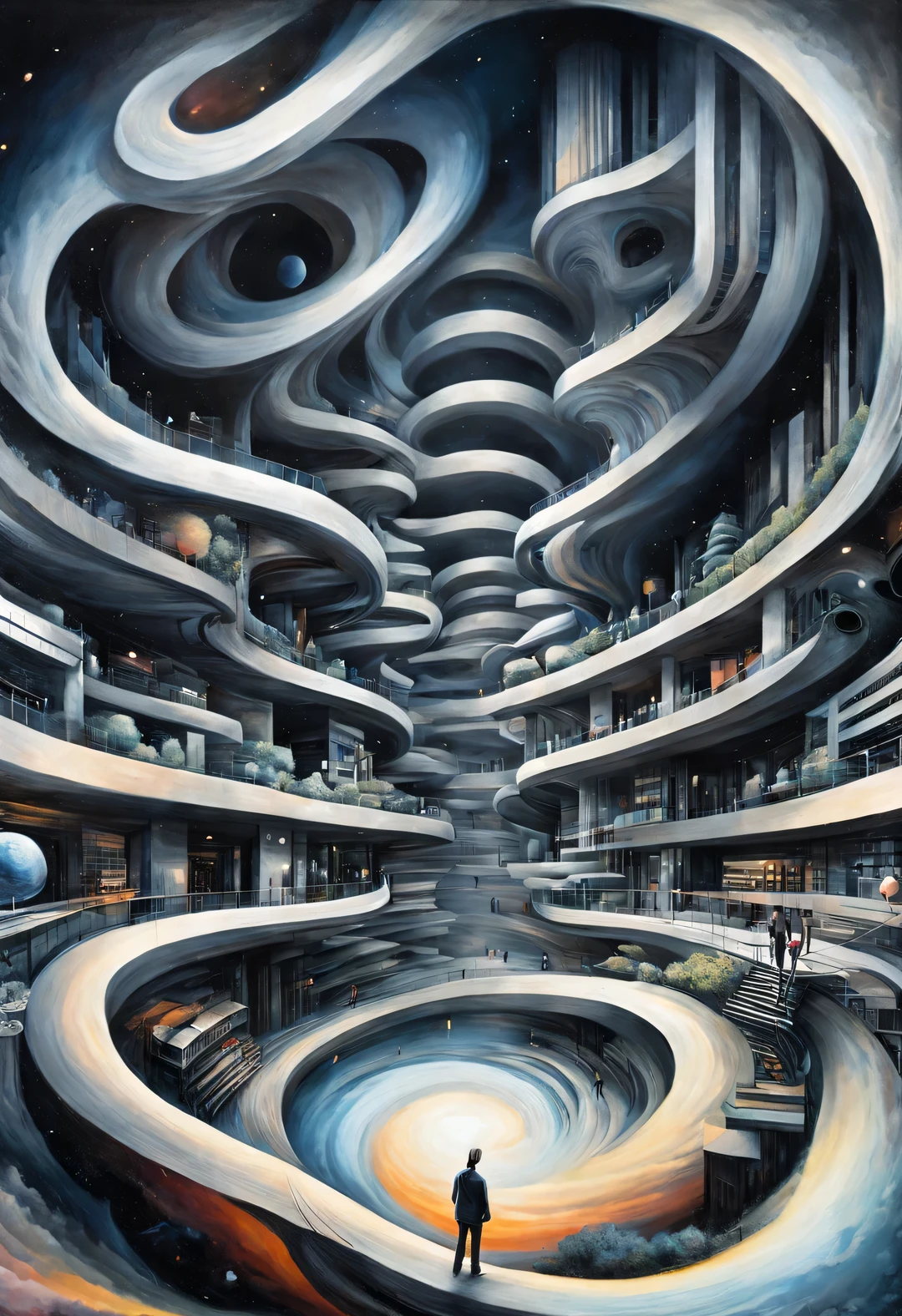 optical illusion，Fisheye effect，Sujiko Yoshii《architecture》, Ethereal cloudscape style, spiral, photorealistic rendering, minimalist stage designs, design/architecture研究, hazy atmosphere, the greatness of the bible，扭曲的spiral楼梯，human's body，Inception，移动或变化的重复或spiral形状，or perspective-distorted images that distort perception of depth and space，These images appear to be moving，straight lines are curved