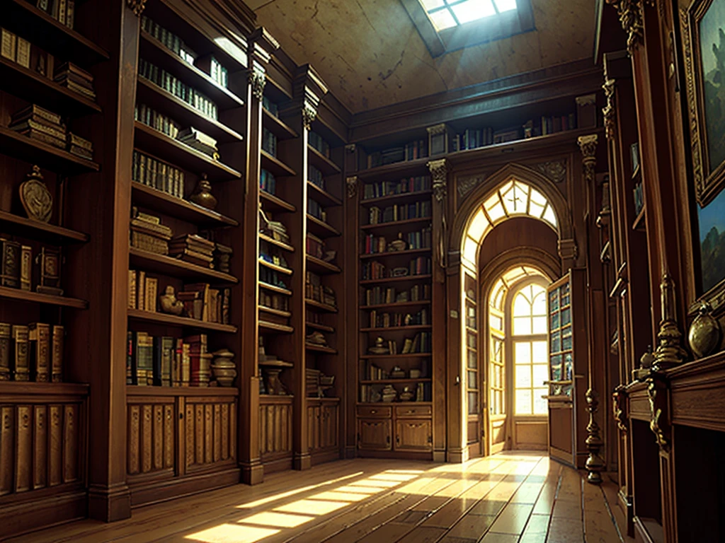 (((masterpiece、Highest image quality、highest quality、highly detailed unity 8kwallpaper)))、(((fantasy、grand library)))、(Lined bookshelves)、three-dimensional structure、high ceilings、a little light shining through