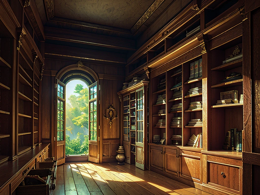(((masterpiece、Highest image quality、highest quality、highly detailed unity 8kwallpaper)))、(((fantasy、grand library)))、(Lined bookshelves)、three-dimensional structure、high ceilings、a little light shining through