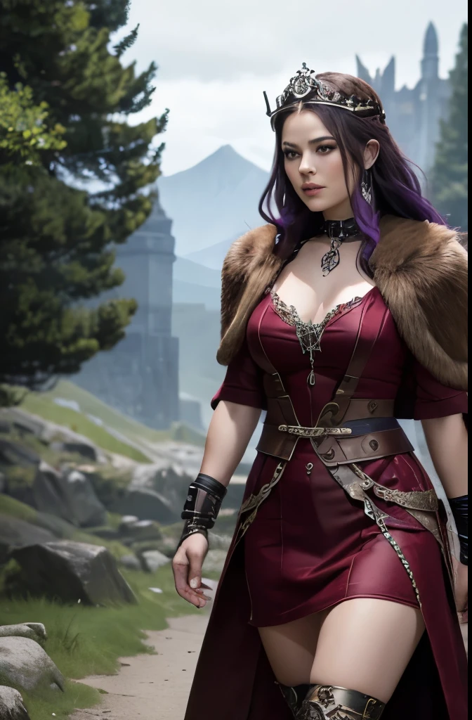 Viking goddess of lust, short dark red dress(fur collar) with silver runes, tiara, big breasts, long open purple hair, bracelets,, rough landscape in the background