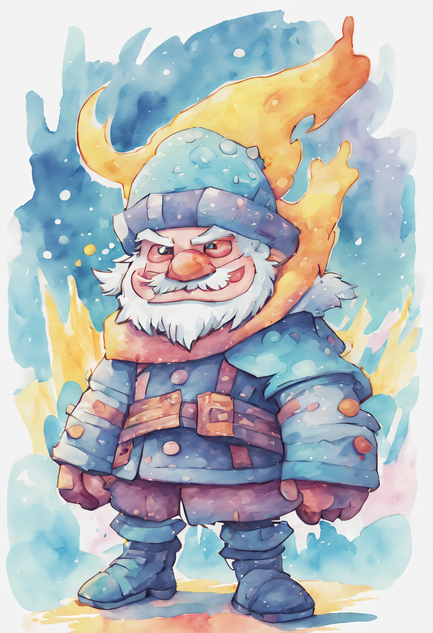 Spielstil der 90er Jahre, Marker-Stil, Aquarell, bunt, Held, Feind, evil snow king, Smile, Lustig, crazy, Drawing full body