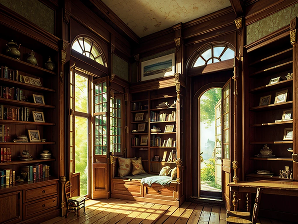 (((masterpiece、Highest image quality、highest quality、highly detailed unity 8kwallpaper)))、(((fantasy、grand library)))、(Lined bookshelves)、complex and three-dimensional room、high ceilings、a little light shining through