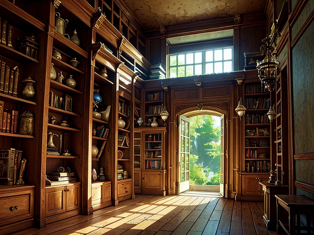 （（（masterpiece、Highest image quality、highest quality、highly detailed unity 8ｋwallpaper）））、（（（fantasy、grand library）））、（Lined bookshelves）、complex and three-dimensional room、high ceilings、a little light shining through