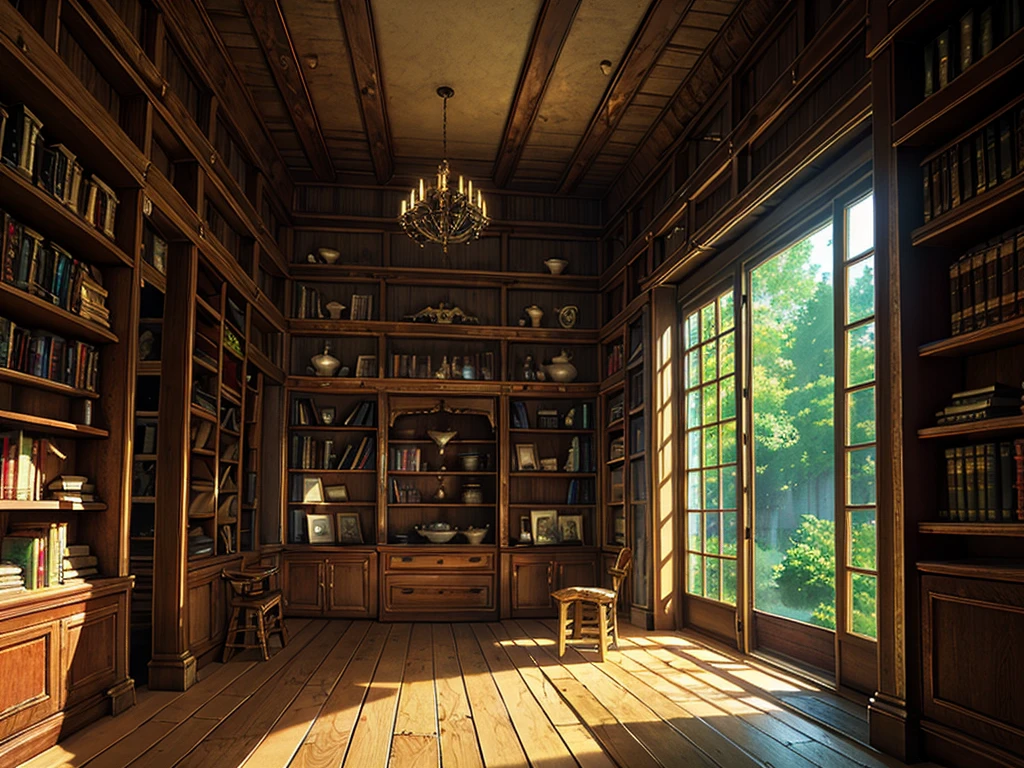 (((masterpiece、Highest image quality、highest quality、highly detailed unity 8kwallpaper)))、(((fantasy、grand library)))、(Lined bookshelves)、complex and three-dimensional room、high ceilings、a little light shining through