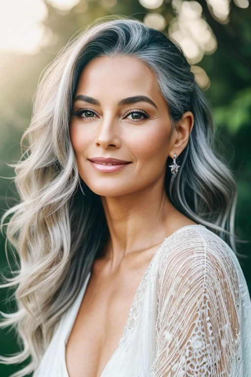 Imagine a 55-year-old woman who radiates a unique and captivating beauty. Her face carries the marks of a life well-lived, with lines that tell stories and a smile that reflects the wisdom gained over the years. Her skin, though not as smooth as in youth, possesses a soft and radiant texture, speaking of personal care and self-love.

Her hair, adorned with silver strands, is a testament to the authenticity and acceptance of her own nature. She can wear it loose and wavy or pulled back with grace. The woman's imposing and elegant posture exudes confidence, a result of self-acceptance and appreciation of her own body.
