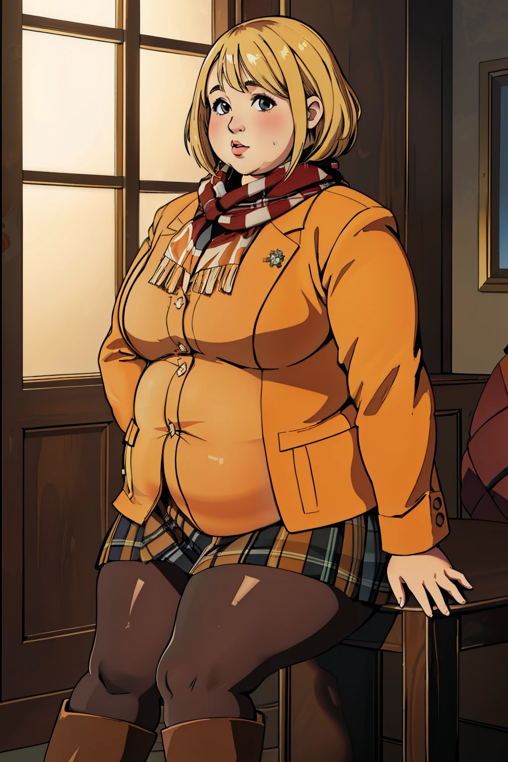 beautiful, masterpiece, best quality, extremely detailed face, perfect lighting, 1girl, blonde, re4ashley, orange jacket, scarf, black plaid skirt, pantyhouse, boots, portrait, solo, (obesity:1.4), ((fat folds)), ((chubby, fat arms)), (fat rolls, wide belly:1.2),