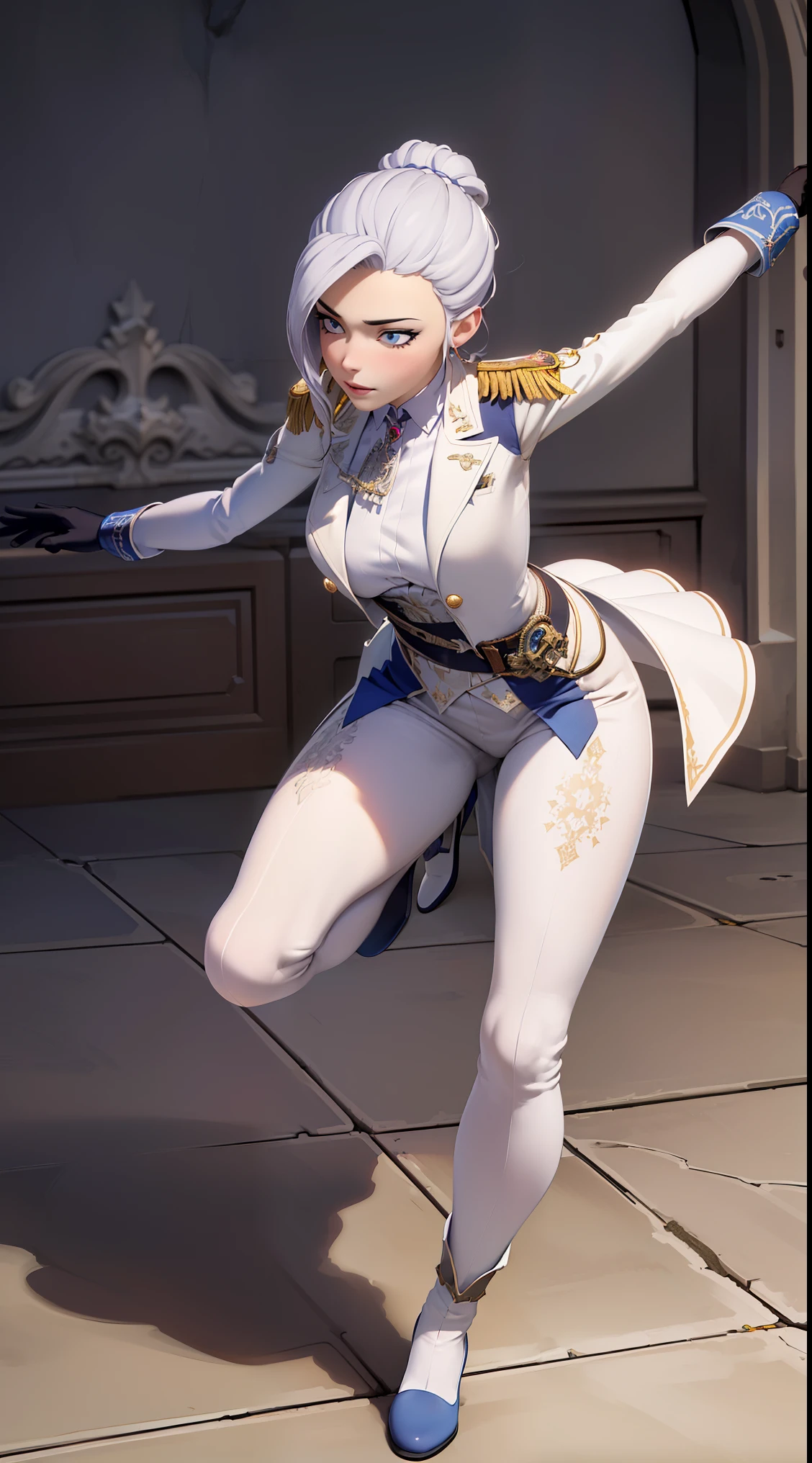 solo, military uniform, aiguillette, epaulettes, tight pants, silver hair, (blue eyes), villian's smile, choker, earrings, jewelery, (magic accessories:1.4), (witchcraft:1.1), magic energy flows and sparkles, extremely detailed (((1girl))), portrait, (full body), natural breasts, medium length hair, (masterpiece:1.4), (best quality:1.4), 1girl, slim body, photorealistic, ultra detailed, ((Real image)), ((realistic skin)), ((realistic face)),(illustration:1.05), (beautiful:1.05), (beautiful detailed eyes:1.05), (cinematic light:1.1), Full body, hair voluminous, perfect and well designed eyes, beautiful and delicate face, fair skin, real skin, (face detail), super high resolution, 8k, parameters Best quality, masterpiece, super high resolution, (Realistic 2.0), More details, detailed skin, ((castle, stronghold) city, hills, village), (beautiful and aesthetic:1.2), (fractal art:1.4), 16K, HDR, RTX, Ray Tracing, Radiosity, Anisotropic Filtering, Subsurface Scattering, metallic reflections, vibrant colors