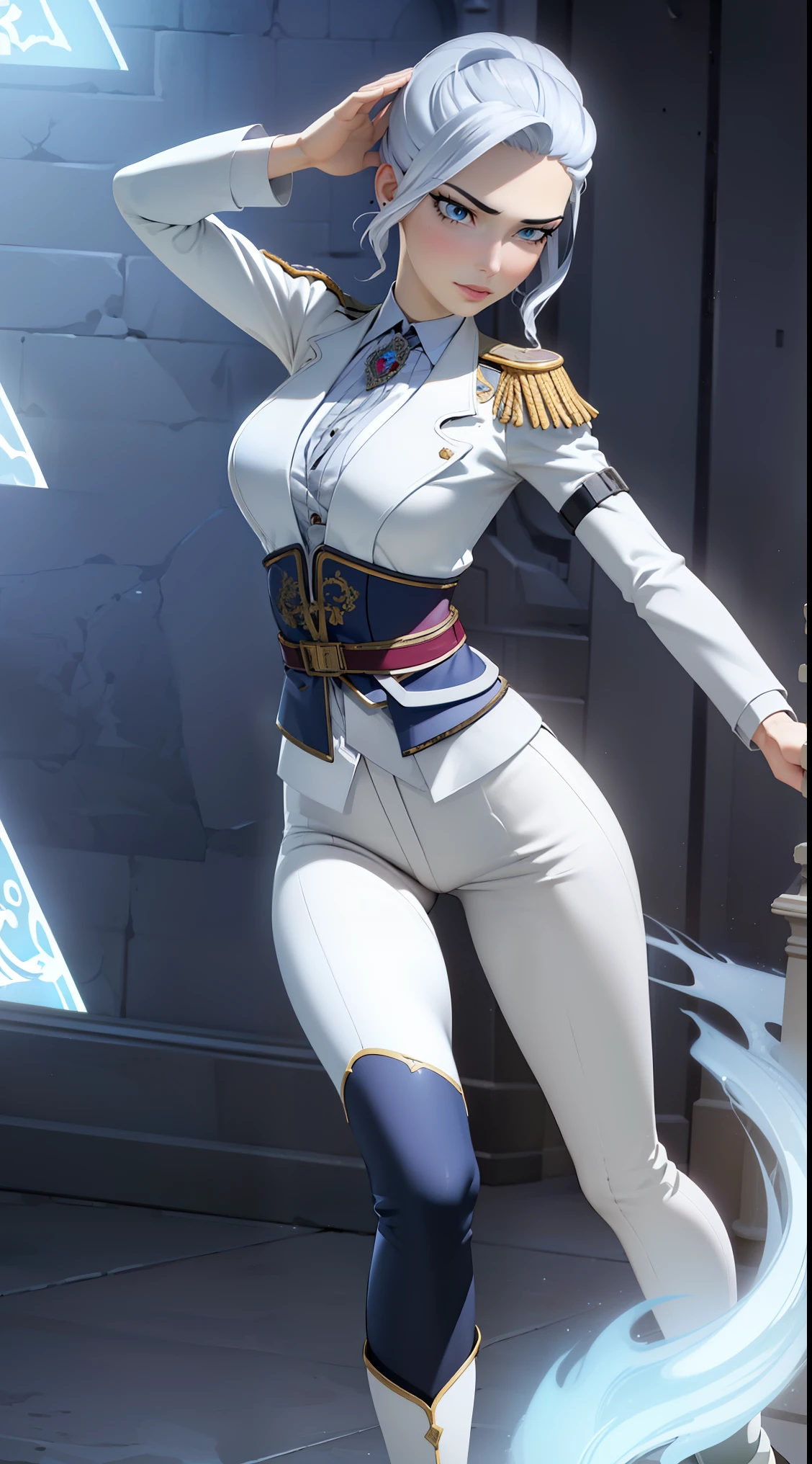 solo, military uniform, aiguillette, epaulettes, tight pants, silver hair, (blue eyes), villian's smile, choker, earrings, jewelery, (magic accessories:1.4), (witchcraft:1.1), magic energy flows and sparkles, extremely detailed (((1girl))), portrait, (full body), natural breasts, medium length hair, (masterpiece:1.4), (best quality:1.4), 1girl, slim body, photorealistic, ultra detailed, ((Real image)), ((realistic skin)), ((realistic face)),(illustration:1.05), (beautiful:1.05), (beautiful detailed eyes:1.05), (cinematic light:1.1), Full body, hair voluminous, perfect and well designed eyes, beautiful and delicate face, fair skin, real skin, (face detail), super high resolution, 8k, parameters Best quality, masterpiece, super high resolution, (Realistic 2.0), More details, detailed skin, ((castle, stronghold) city, hills, village), (beautiful and aesthetic:1.2), (fractal art:1.4), 16K, HDR, RTX, Ray Tracing, Radiosity, Anisotropic Filtering, Subsurface Scattering, metallic reflections, vibrant colors