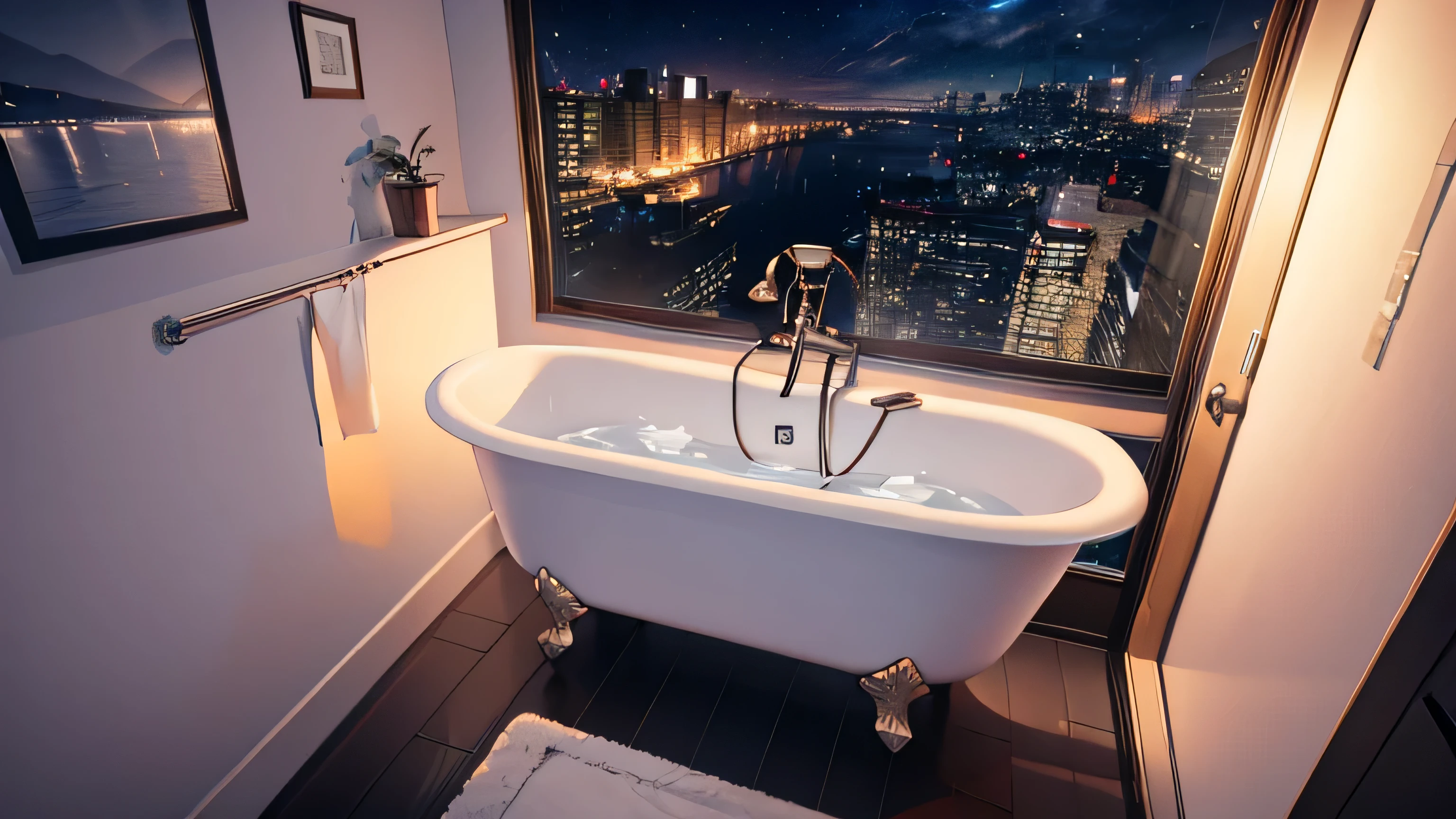 bathtub behind, bathtub in front, horizon, night, walls