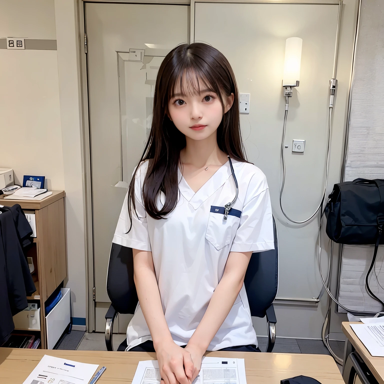 ((highest quality, 8K, masterpiece: 1.3)), woman, perfect skin, straight hair, latin aspects, female doctor, Examination at the hospital, defined body, delicate face, Hospital environment, Hospital Teacher