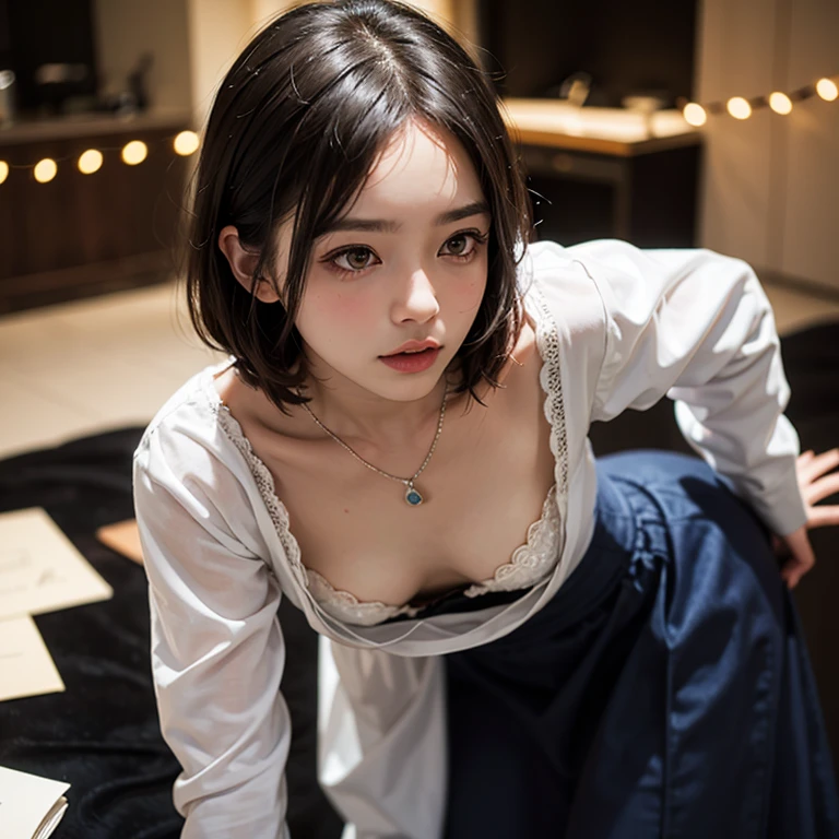 8K, Best Quality, Masterpiece, Ultra High Resolution, (Realism: 1.4), Original Photo, (True Skin Texture: 1.3),1 girl, downblouse, , munechira,(((small breasts))), looking away, leaning forward,bending over , birds-eye view shot , Upper body, necklace ,in wedding party reception,long sleeves dress,besides decolated detailed bra within,long skirt, short hair