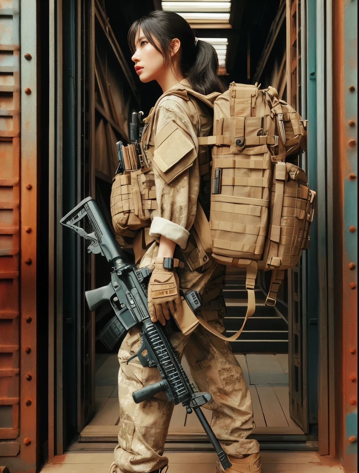 photorealistic、realistic skin texture、automatic rifle