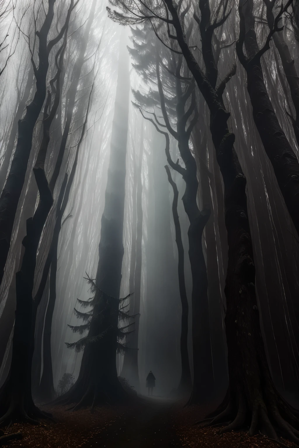 (best quality: 1.2, 8k, 4k, highres), ultra-detailed, (realistic: 1.37, photorealistic, photo-realistic: 1.37), haunted woods, mystical feeling, ominous, enchanted forest, dark shadows, an ominous figure of a man in a black robe lurks behind a tree, barely visible due to the thick mist and fog, mysterious fog enveloping the ancient trees with twisted branches, creating a gloomy atmosphere, ethereal glow emanating from the trunks and foliage, silhouettes of mythical creatures peeking out from the shadows, now and