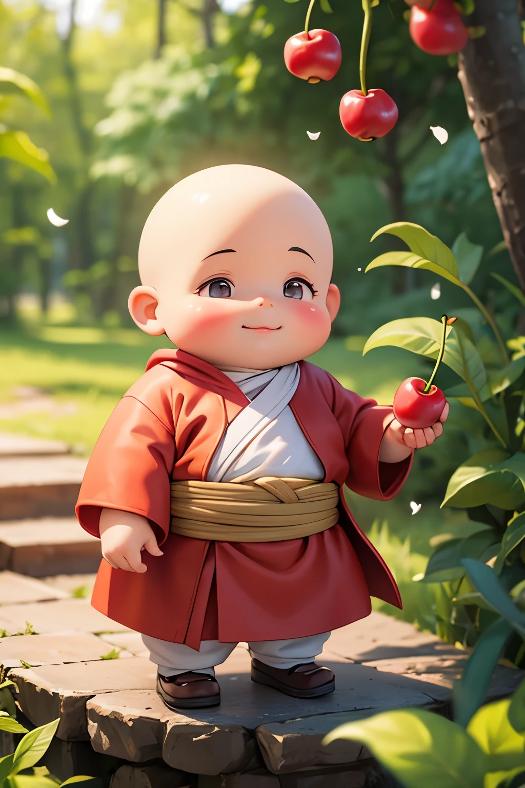 Chubby little monk，hand holding cherry