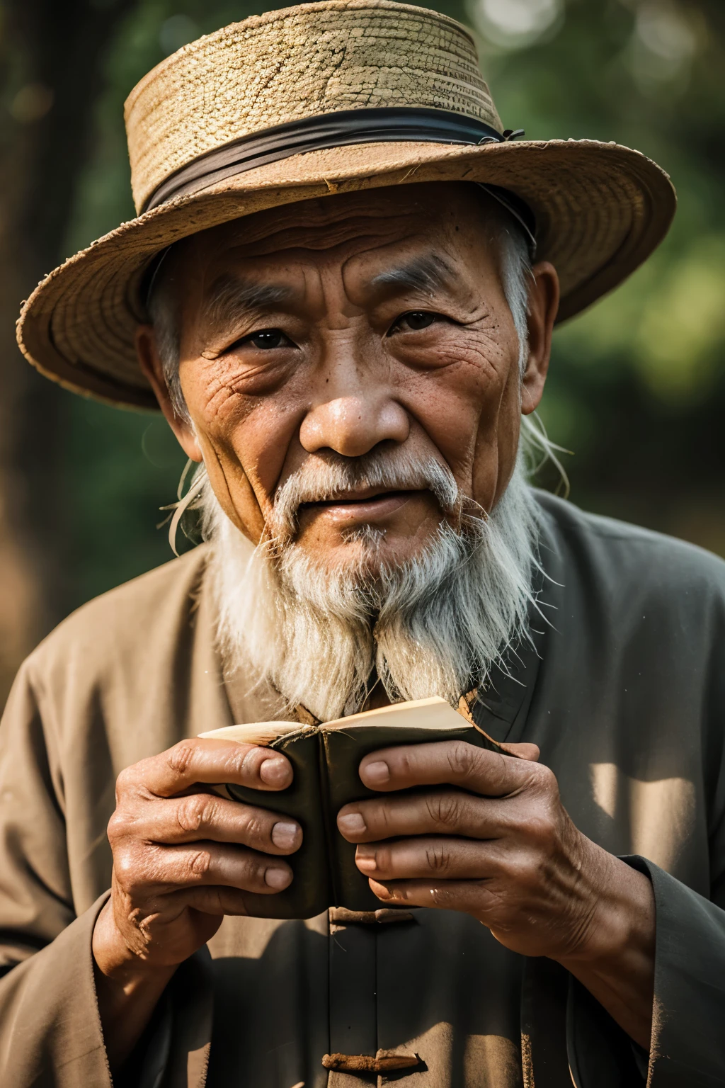 An old man with traditional Chinese thoughts，Real frontal photos，Authentic background，The background is nature，holding books，worn-out clothing，The face is covered with wrinkles，80-year-old Chinese medicine practitioner，insight，The beard has turned white，male，country style，Keep your head empty