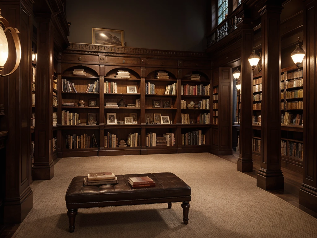 （（（masterpiece、Highest image quality、highest quality、highly detailed unity 8ｋwallpaper）））、（（（fantasy、grand library）））、（Lined bookshelves）、complex and three-dimensional room、high ceilings、dimly lit room