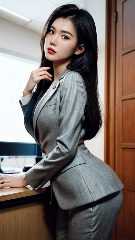 (Best quality, 8k, 32k, Masterpiece, UHD:1.2), 1girl, narrow waist, grey suit, white shirt, suit, pants, from front, sitting on desk, office room, (stick out one's buttocks:1.2),