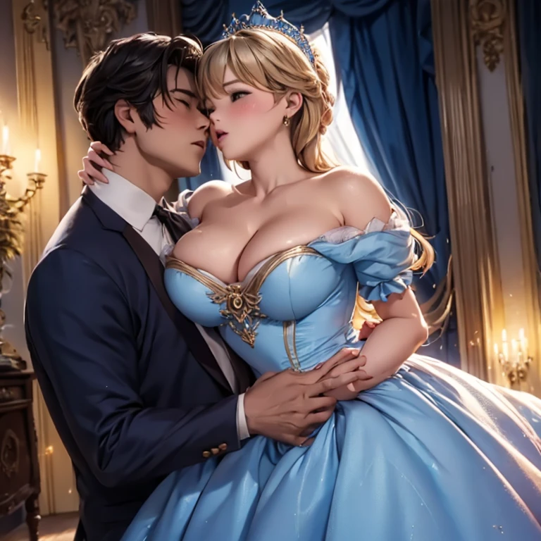 Blushing Cinderella in a soft-breasted dress stands in front of a handsome prince, the prince stands behind her and holds her by the waist, In the palace, sexual desire, Passionate kiss