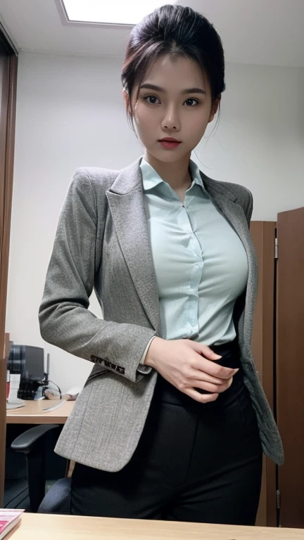 (Best quality, 8k, 32k, Masterpiece, UHD:1.2), 1girl, narrow waist, grey suit, white shirt, suit, pants, from front, sitting on desk, office room, (stick out one's buttocks:1.2),