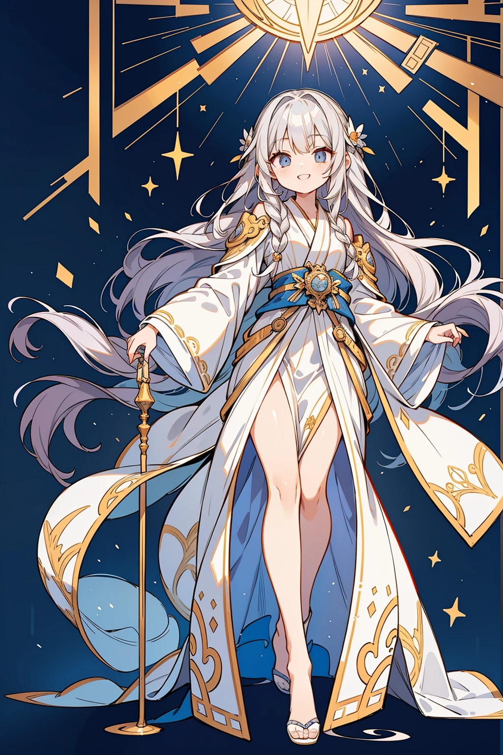 Accurate depiction hand、high quality face、high quality eyes、accurate depiction of the body、excellent anatomy、Drawings that look like they were drawn by famous illustrators、Luxurious robes、Silver Robe、age girl、Long silver hair、full body view、smile、Smiled face、Mucha-like background