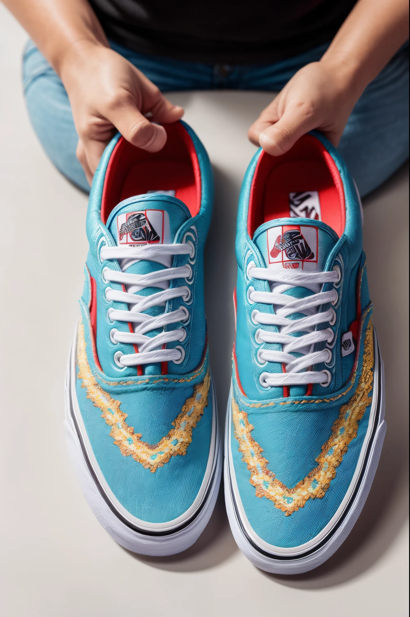 : A stylish pair of Vans shoes featuring a vibrant geometric pattern with a focus on intricate stitching details and unique shoelaces, set against a white background to enhance the footwear's design, Photography, using a macro lens (e.g., Canon EF 100mm f/2.8L Macro IS USM)