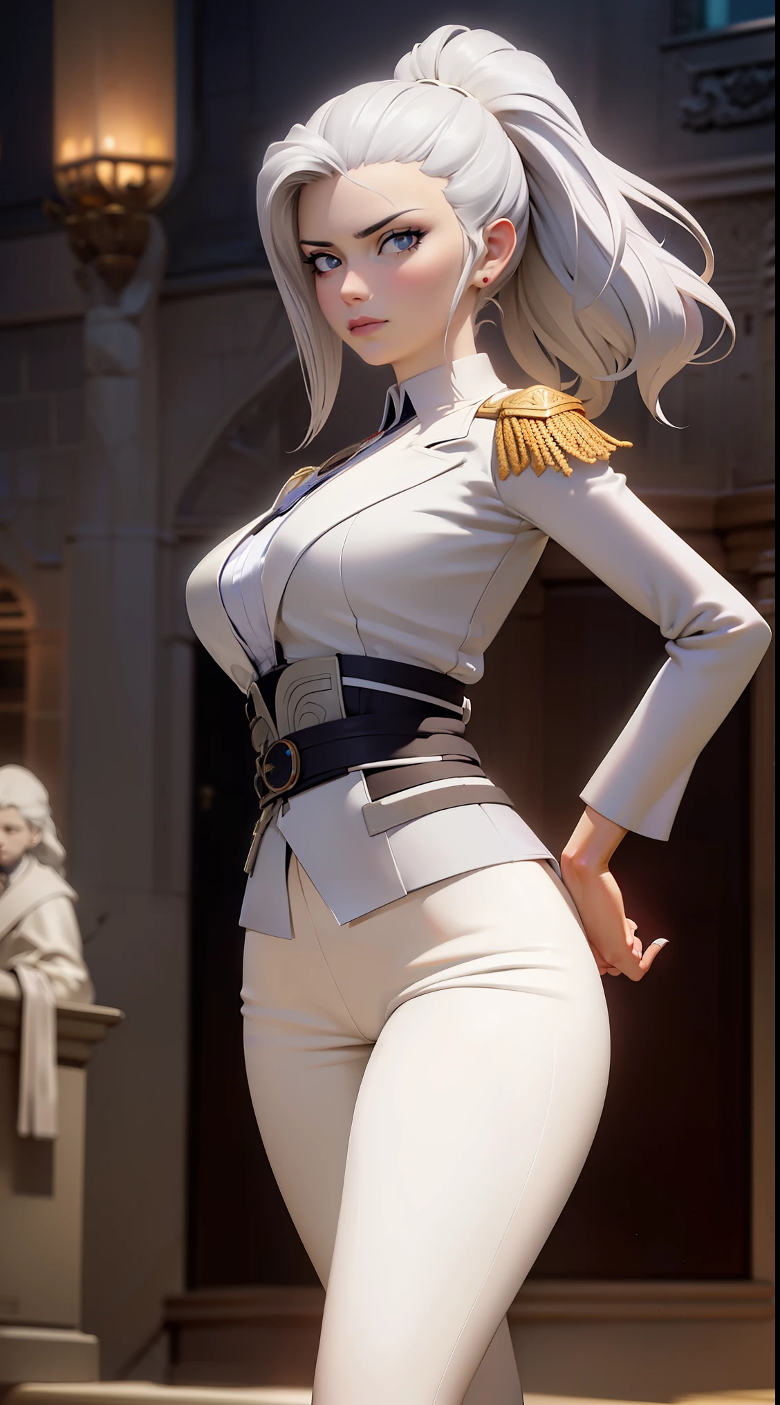 solo, military uniform, aiguillette, epaulettes, tight pants, silver hair, (blue eyes), villian's smile, choker, earrings, jewelery, (magic accessories:1.4), (witchcraft:1.1), magic energy flows and sparkles, extremely detailed (((1girl))), portrait, (full body), natural breasts, medium length hair, (masterpiece:1.4), (best quality:1.4), 1girl, slim body, photorealistic, ultra detailed, ((Real image)), ((realistic skin)), ((realistic face)),(illustration:1.05), (beautiful:1.05), (beautiful detailed eyes:1.05), (cinematic light:1.1), Full body, hair voluminous, perfect and well designed eyes, beautiful and delicate face, fair skin, real skin, (face detail), super high resolution, 8k, parameters Best quality, masterpiece, super high resolution, (Realistic 2.0), More details, detailed skin, ((castle, stronghold) city, hills, village), (beautiful and aesthetic:1.2), (fractal art:1.4), 16K, HDR, RTX, Ray Tracing, Radiosity, Anisotropic Filtering, Subsurface Scattering, metallic reflections, vibrant colors