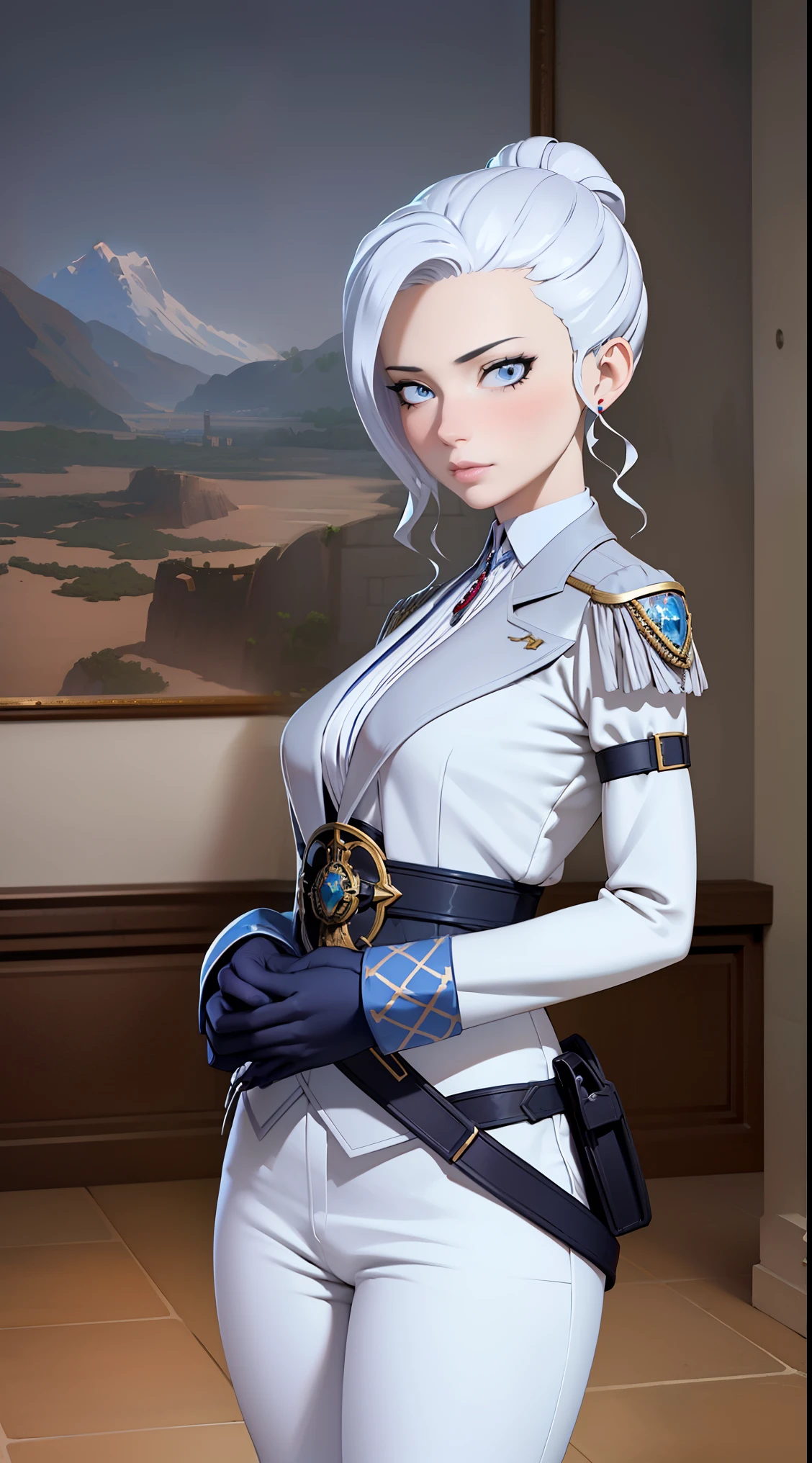 solo, military uniform, aiguillette, epaulettes, tight pants, silver hair, (blue eyes), villian's smile, choker, earrings, jewelery, (magic accessories:1.4), (witchcraft:1.1), magic energy flows and sparkles, extremely detailed (((1girl))), portrait, (full body), natural breasts, medium length hair, (masterpiece:1.4), (best quality:1.4), 1girl, slim body, photorealistic, ultra detailed, ((Real image)), ((realistic skin)), ((realistic face)),(illustration:1.05), (beautiful:1.05), (beautiful detailed eyes:1.05), (cinematic light:1.1), Full body, hair voluminous, perfect and well designed eyes, beautiful and delicate face, fair skin, real skin, (face detail), super high resolution, 8k, parameters Best quality, masterpiece, super high resolution, (Realistic 2.0), More details, detailed skin, ((castle, stronghold) city, hills, village), (beautiful and aesthetic:1.2), (fractal art:1.4), 16K, HDR, RTX, Ray Tracing, Radiosity, Anisotropic Filtering, Subsurface Scattering, metallic reflections, vibrant colors