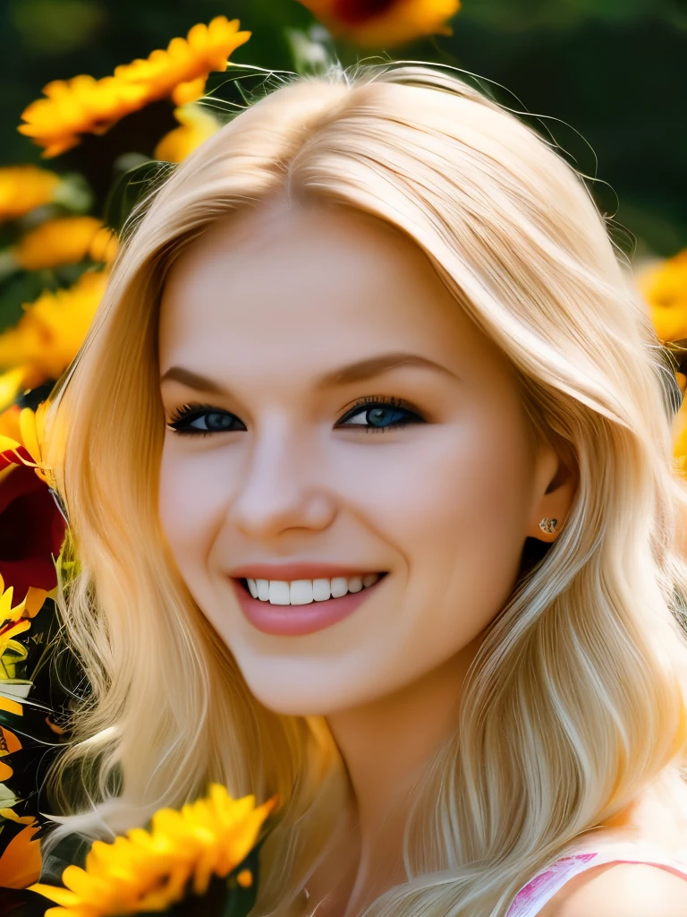 1girl, photograph of a pretty blond woman, 23yo, jubilant, long exposure, sharp focus on subject, floral hedge background, vibrant color, colorful, depth of field