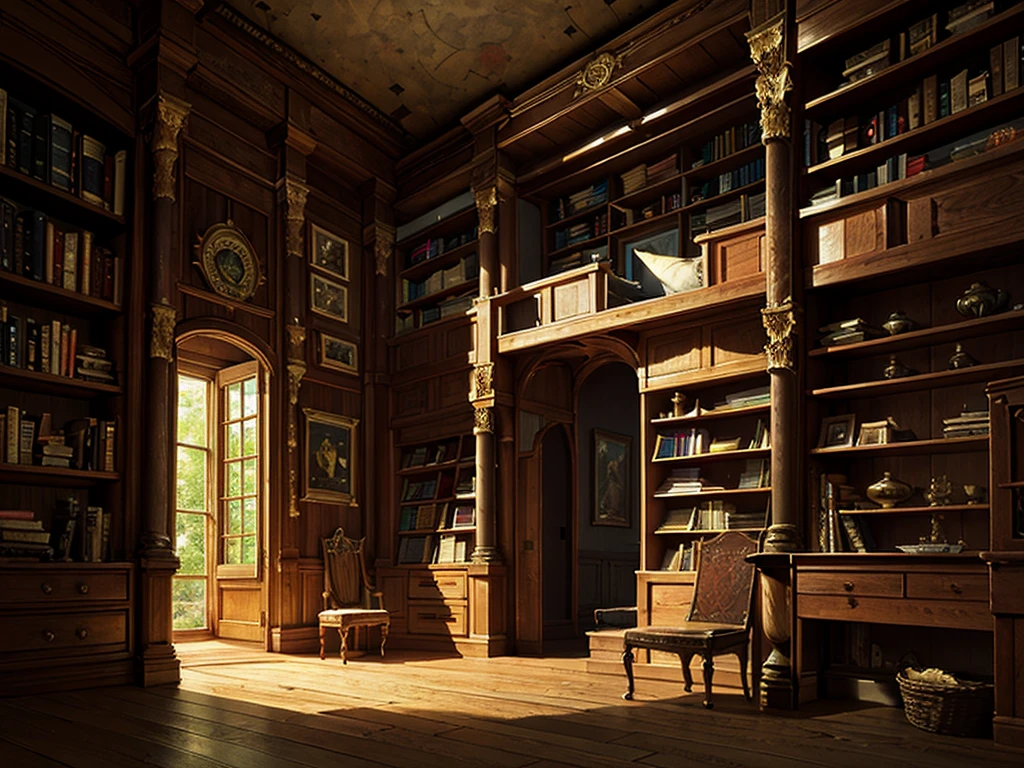 (((masterpiece、Highest image quality、highest quality、highly detailed unity 8kwallpaper)))、(((fantasy、grand library)))、(Lined bookshelves)、complex and three-dimensional room、high ceilings、dimly lit room