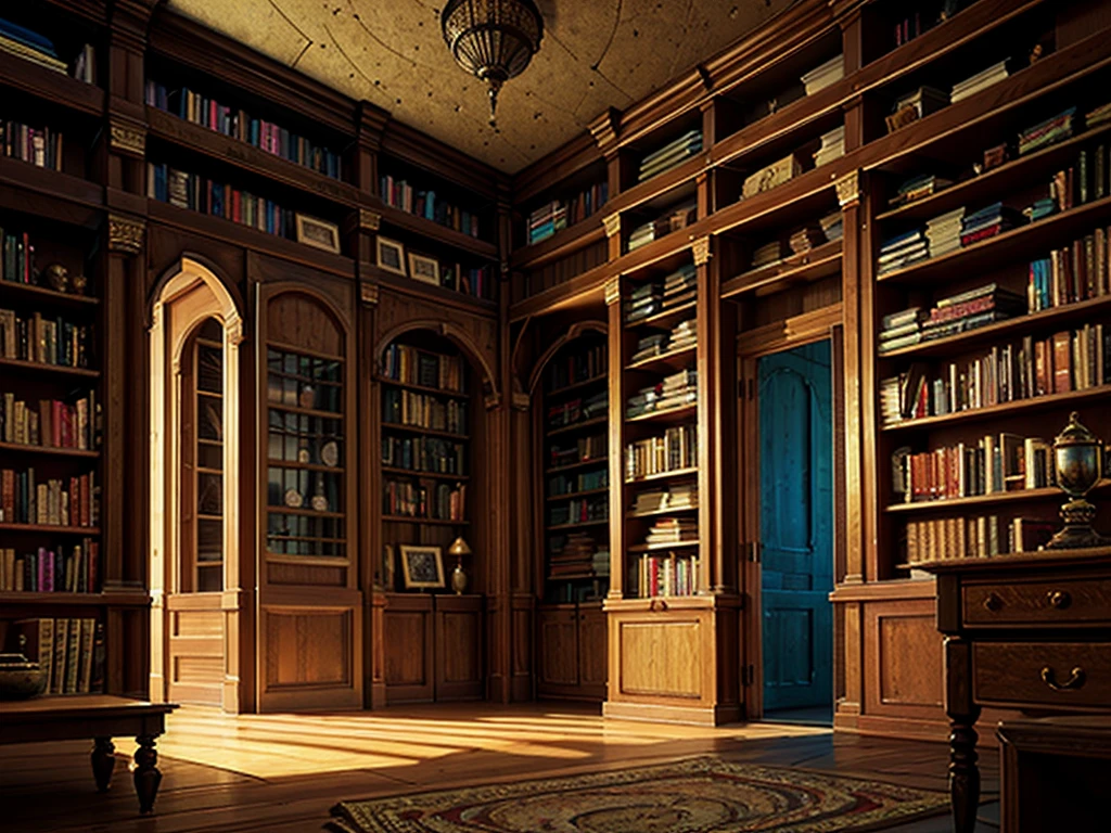 (((masterpiece、Highest image quality、highest quality、highly detailed unity 8kwallpaper)))、(((fantasy、grand library)))、(Lined bookshelves)、complex and three-dimensional room、high ceilings、dimly lit room